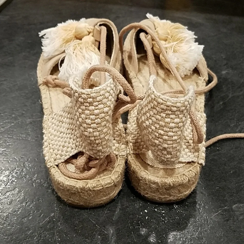 Soludos Beige Suede Espadrille Lace-Up Pom Pom Flats